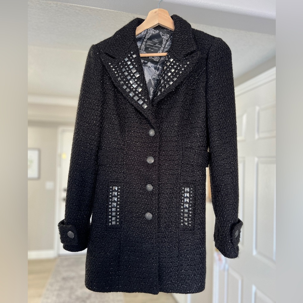 Guess Jeans Black Tweed Coat with Studded Details